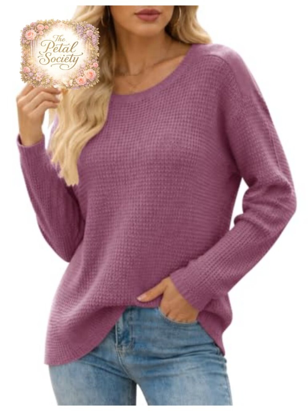 Waffle Knit Sweater Womens Loose Fit Pullover Crew Neck Long Sleeve